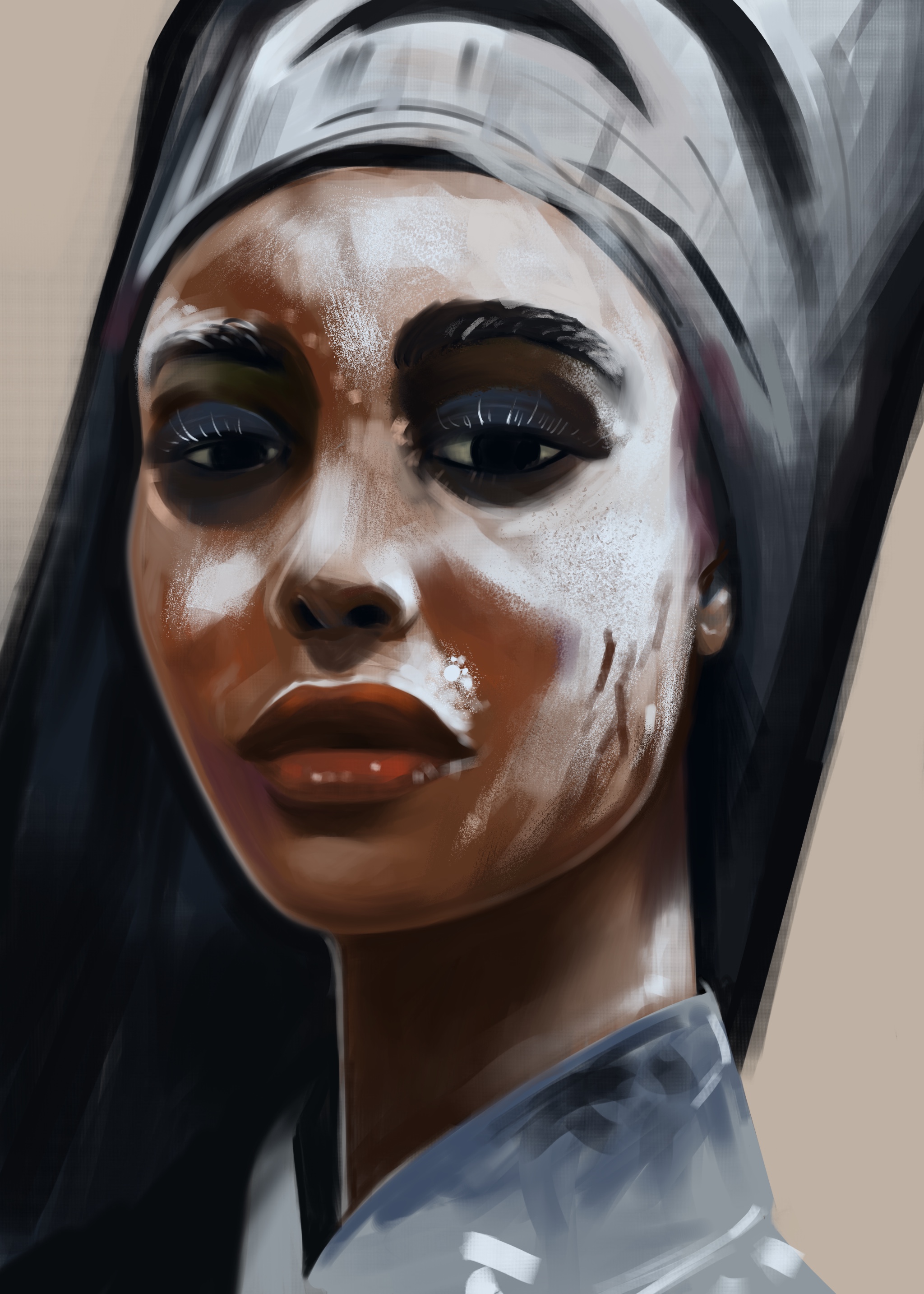 Peinture d'une femme noire avec de la poudre blanche sur le visage