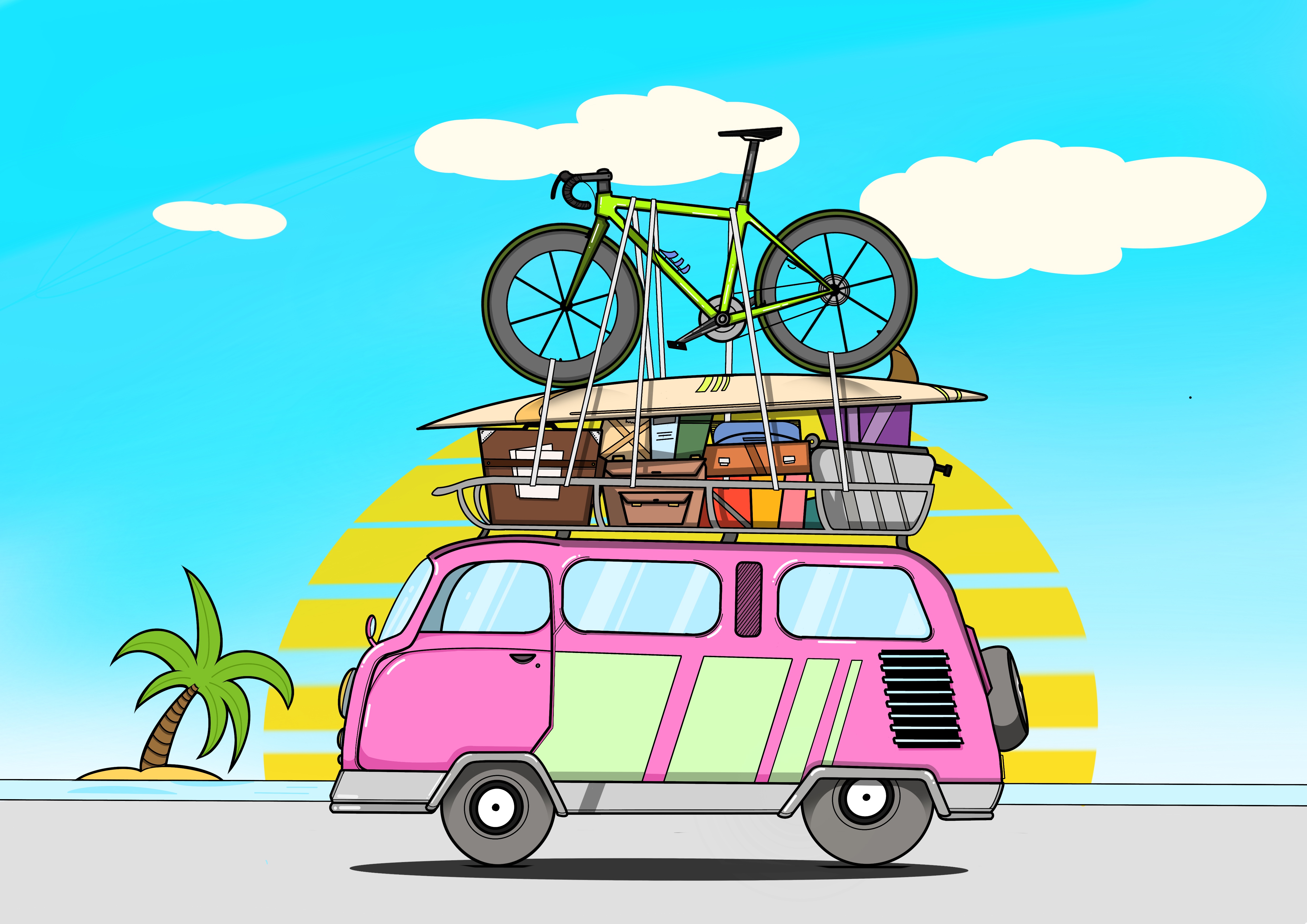 Illustration d'un van avec pleins de bagages sur le toit